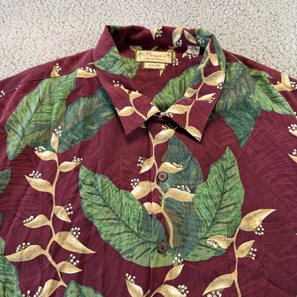 Pussers Island Reserve Mens XXL Silk Hawaiian Shirt Burgundy Tropical Leaf Print